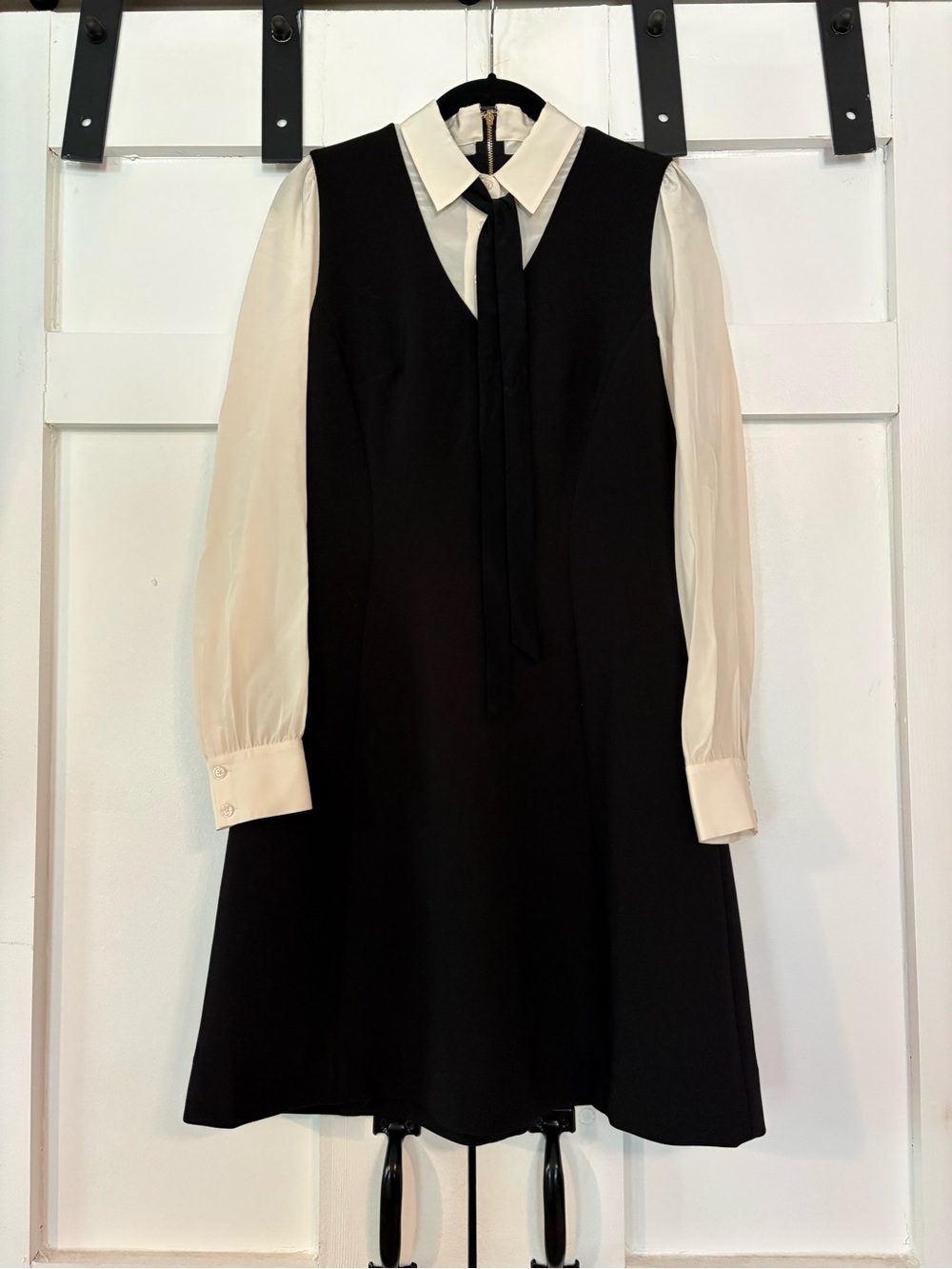 kate spade Black Dress with Cream Blouse Insert and Black Neck Tie